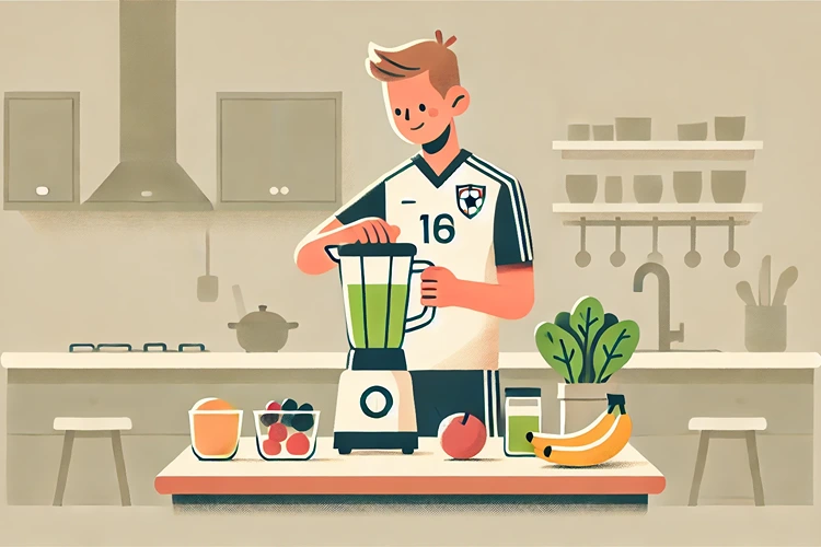 Soccer player making a healthy smoothie for post-game recovery.