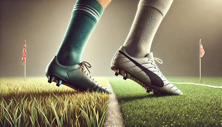 Soccer player standing with one foot on grass and the other on turf, wearing different boots for each surface